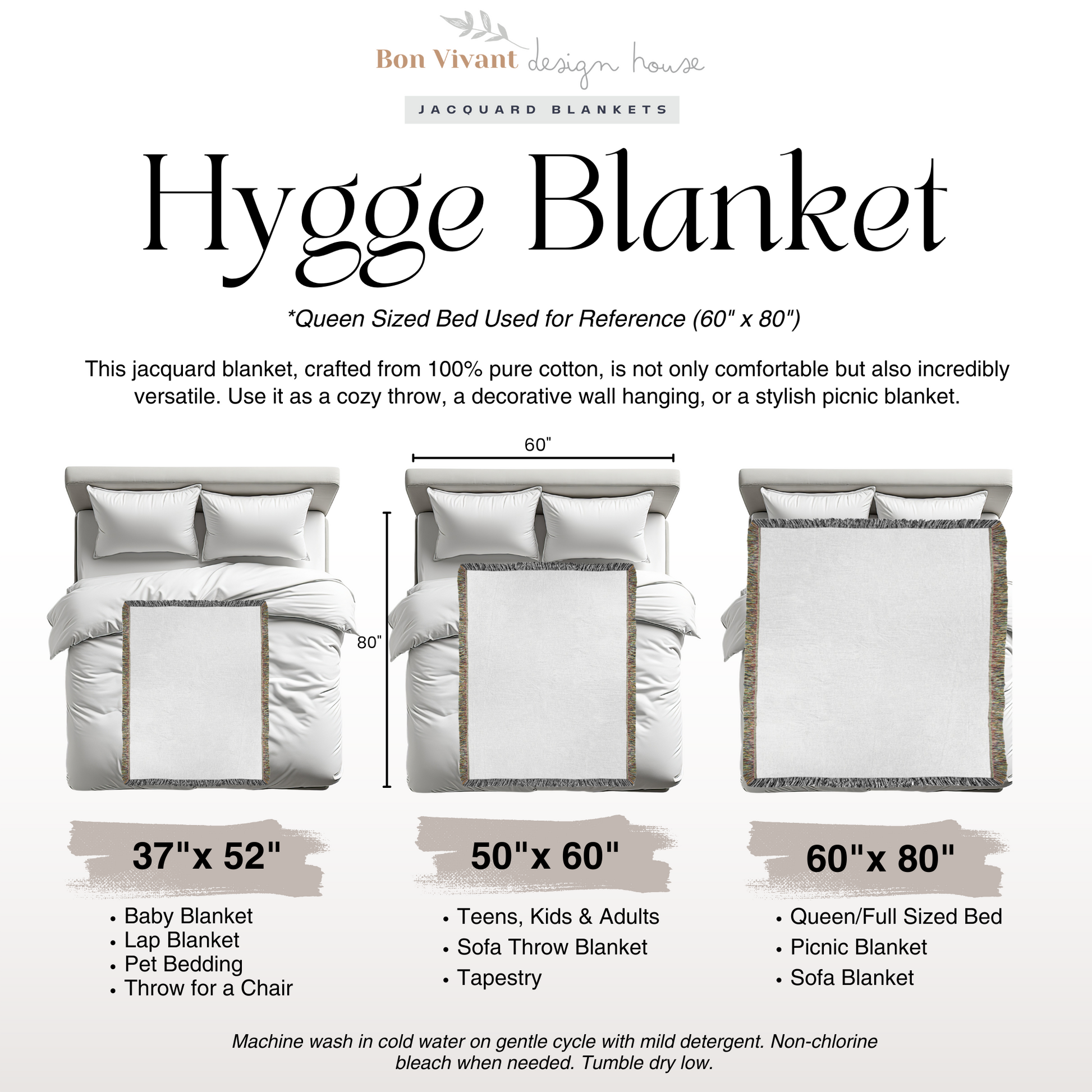 A diagram that shows small, medium, and large woven blankets.