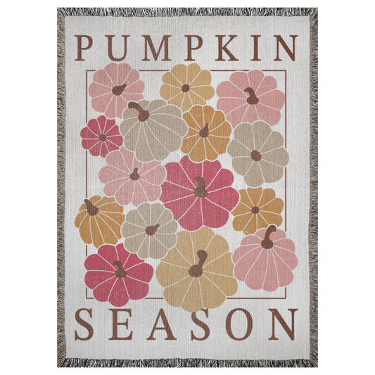 A 37x52 inch woven blanket depicting bohemian-style pumpkins. It says "pumpkin season".