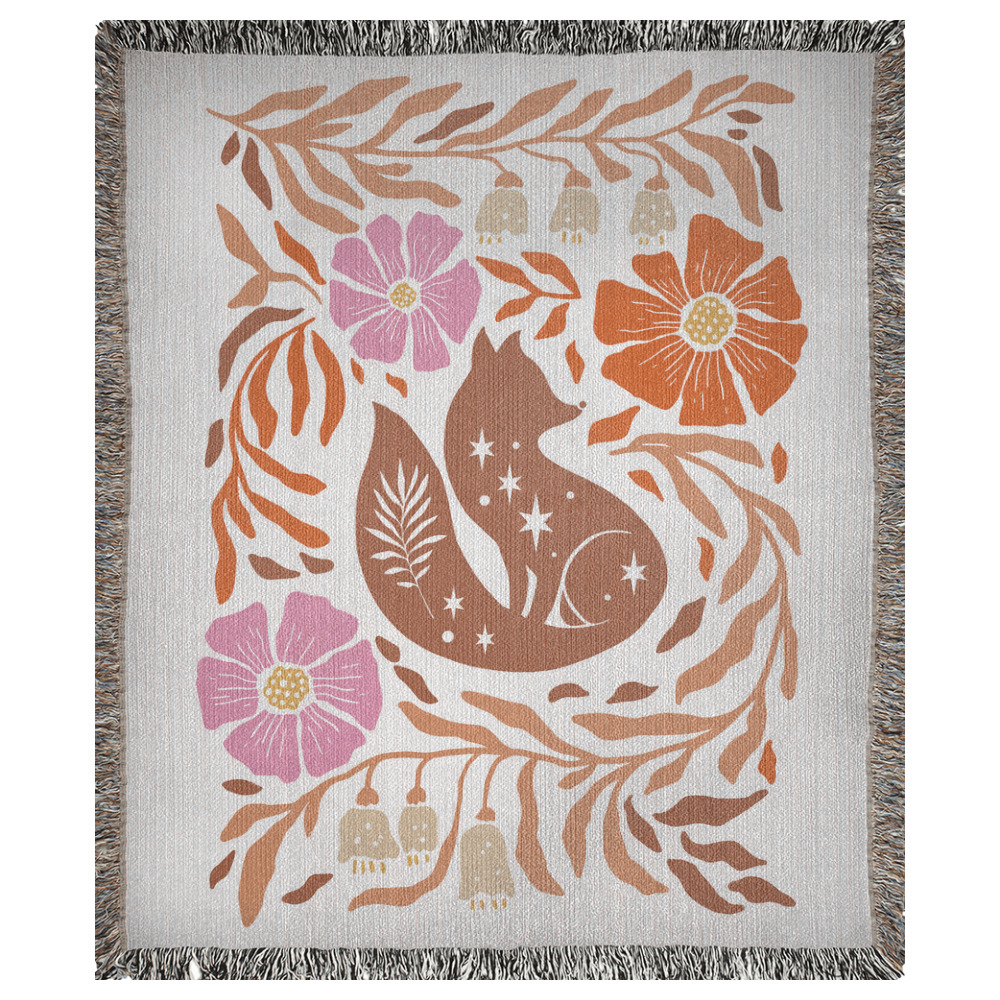 A 50x60 inch woven blanket depicting a bohemian-style fox with flowers and leaves.
