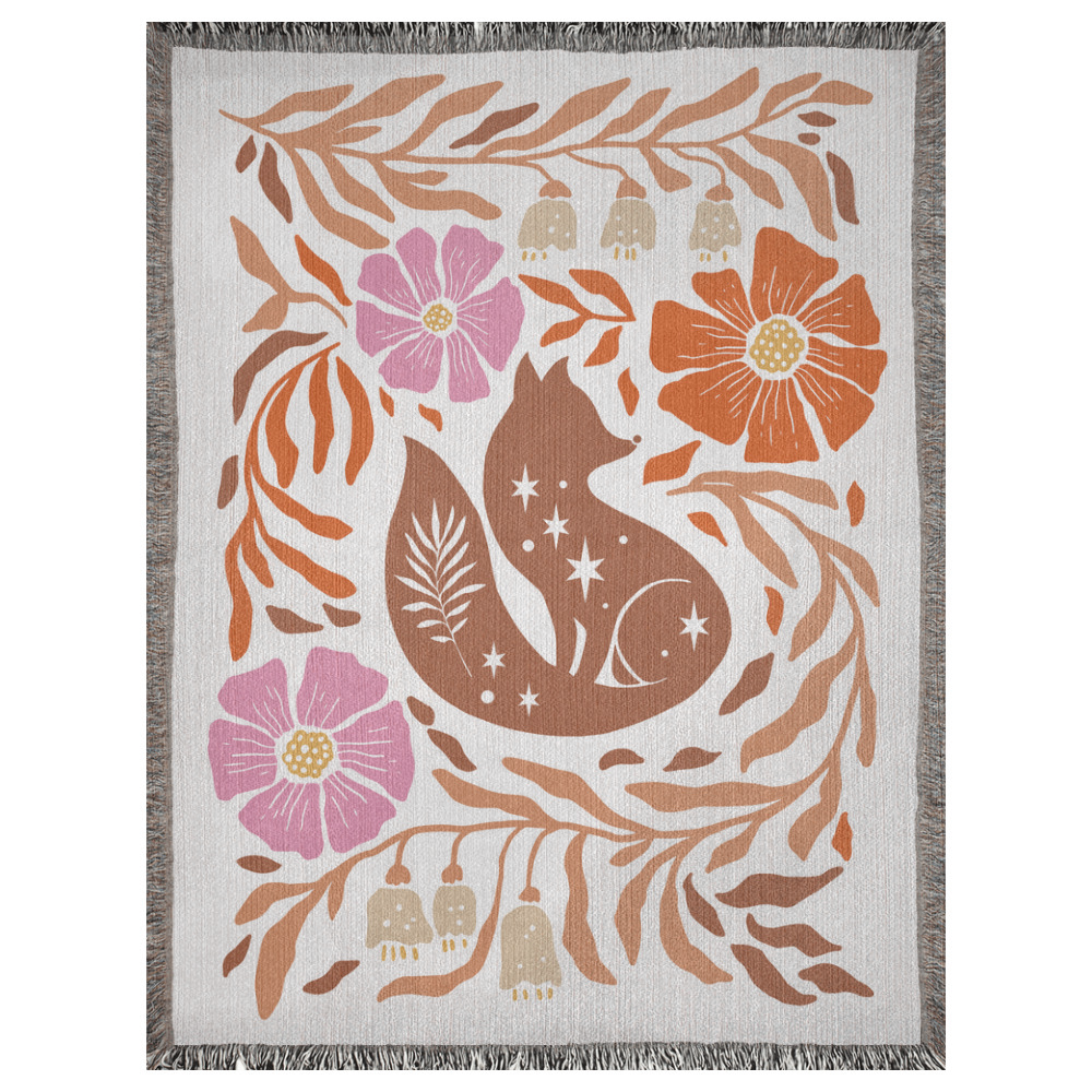 A 60x80 inch woven blanket depicting a bohemian-style fox with flowers and leaves.