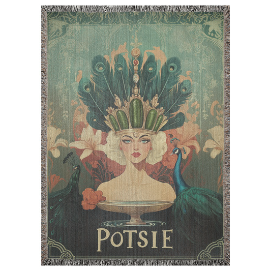 A 52x37 inch woven blanket depicting a woman wearing a crown made of pickles and peacock feathers. The blanket says "POTSie" for people who have postural orthostatic tachycardia syndrome.