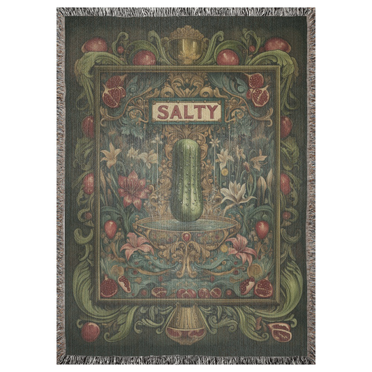 A 52x37 woven blanket depicting a pickle in an Art Nouveau scene. The blanket says "SALTY" for people who have postural orthostatic tachycardia syndrome.