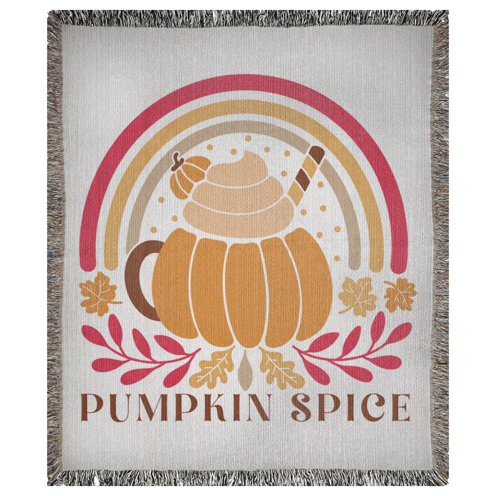 A 50x60 inch woven blanket depicting a latte drink in a bohemian-style pumpkin shaped mug. It says "pumpkin spice".