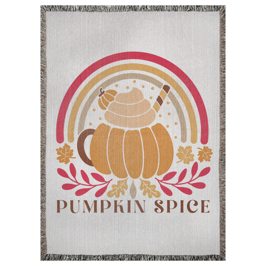 A 37x52 inch woven blanket depicting a latte drink in a bohemian-style pumpkin shaped mug. It says "pumpkin spice".