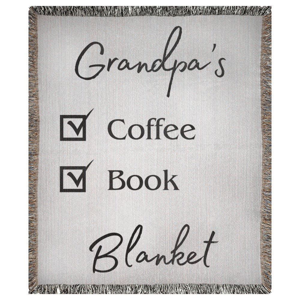 A personalized woven blanket with a name and checklist. This example says "Grandpa's Coffee Book Blanket". 