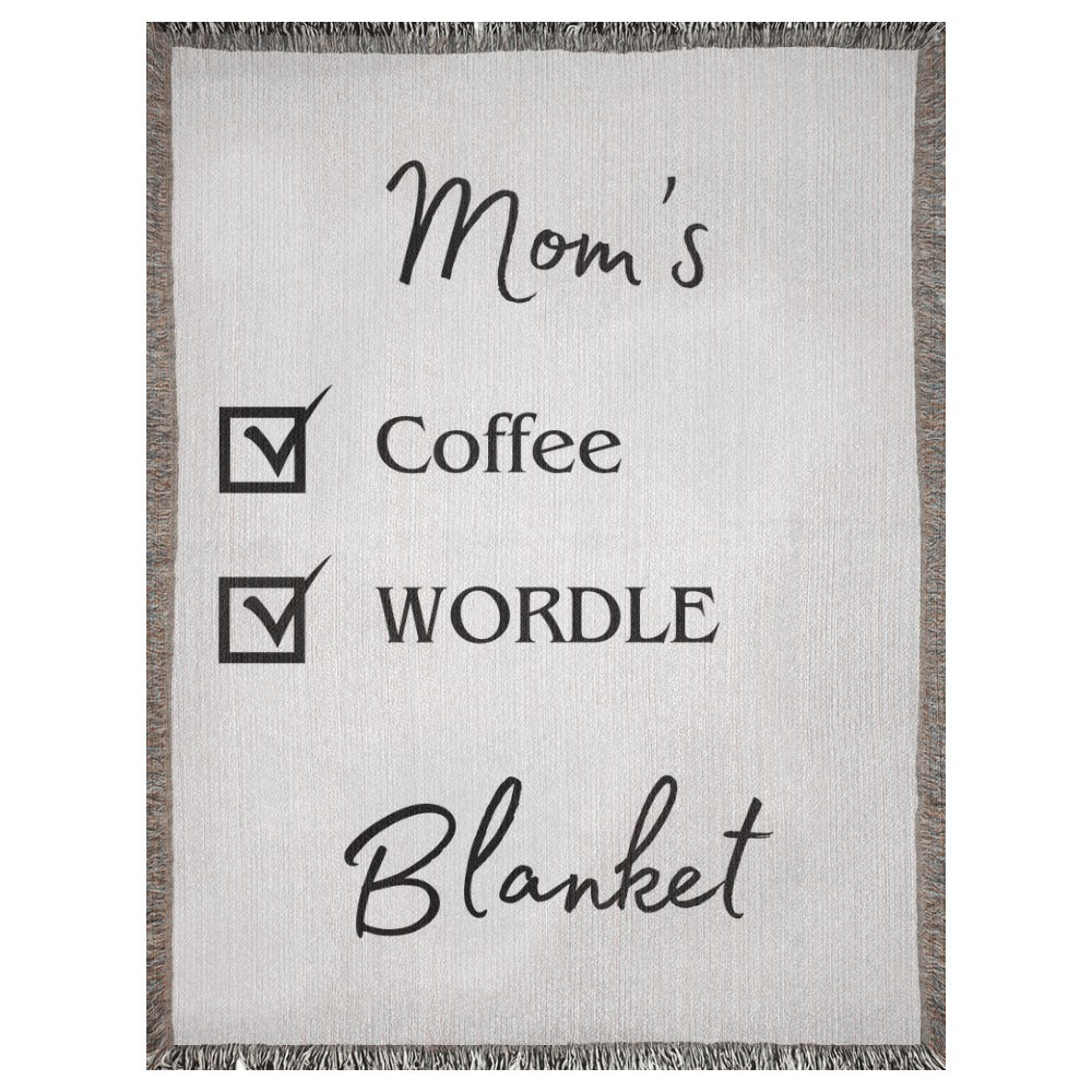 A personalized woven blanket with a name and checklist. This example says "Mom's Coffee Wordle Blanket". 