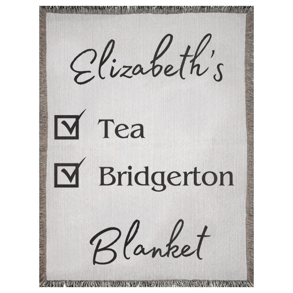 A personalized woven blanket with a name and checklist. This example says "Elizabeth's Tea Bridgerton Blanket". 